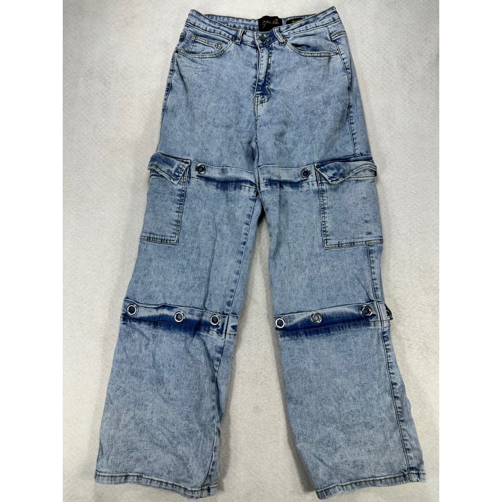 Epic Bleu Womens Baggy Cargo Jeans Light Wash Grommet Utility Pants Size 7